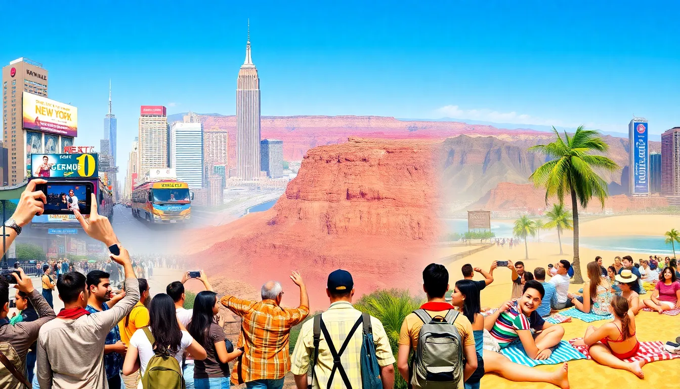 diverse travelers enjoying iconic U.S. attractions.