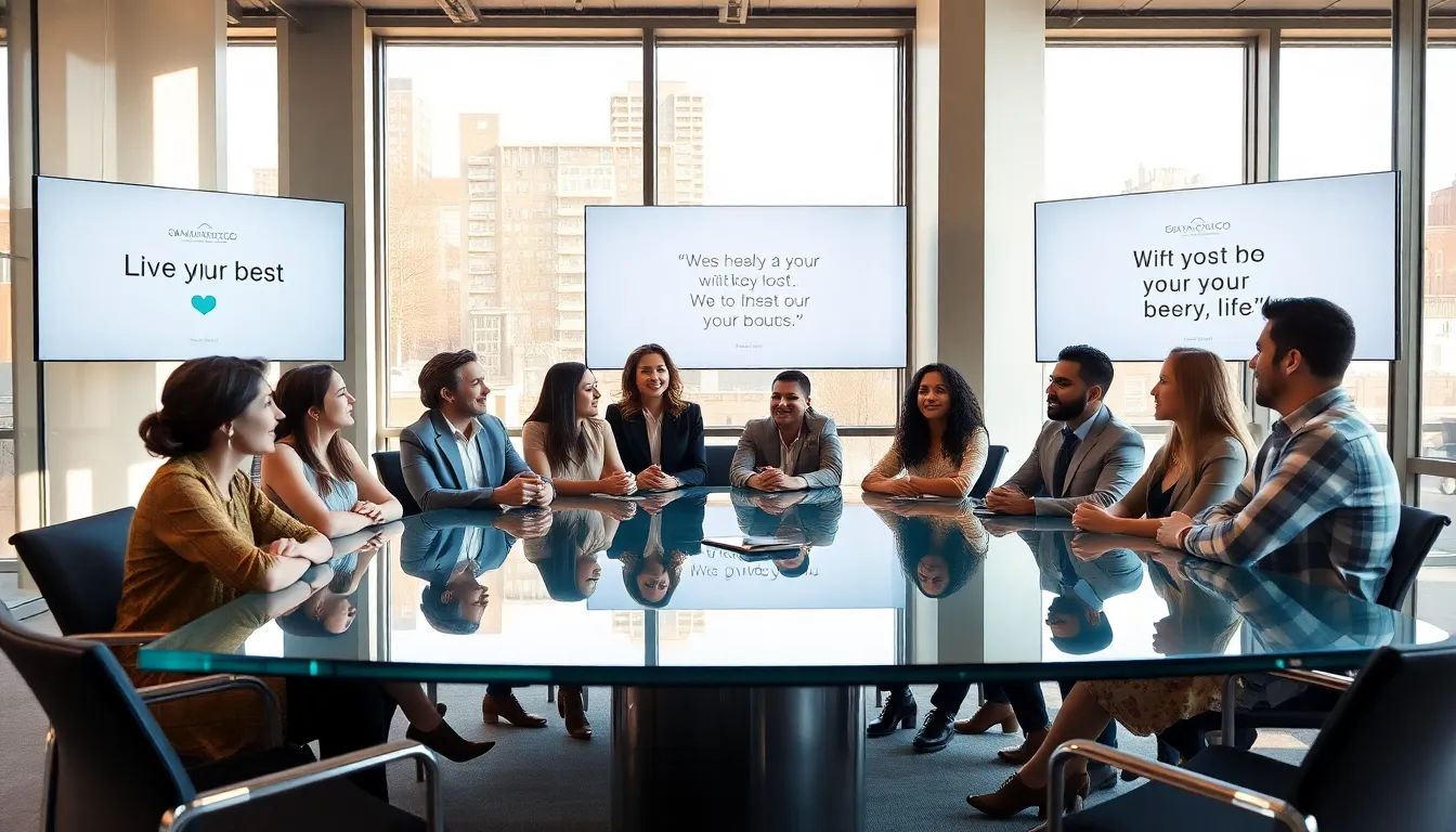 diverse professionals discussing inspirational quotes in a bright office.