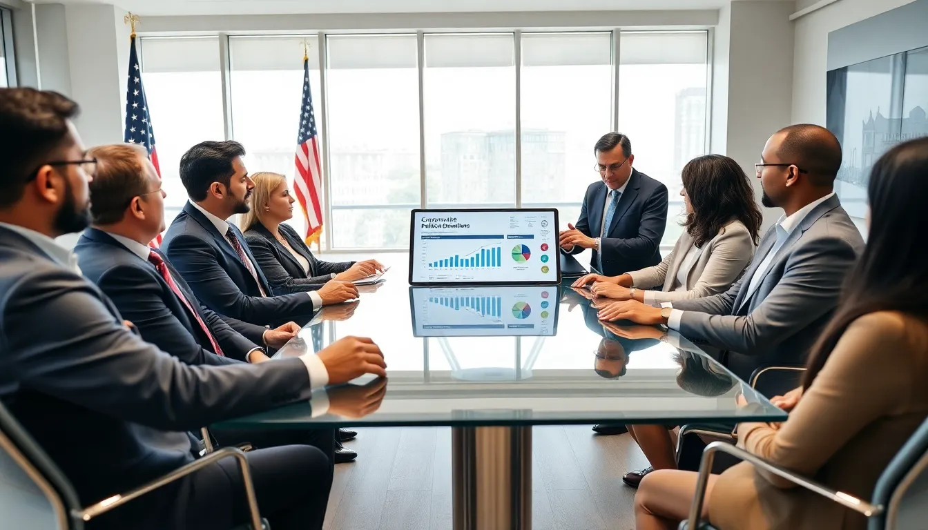diverse professionals discussing corporate political donations in a modern conference room.