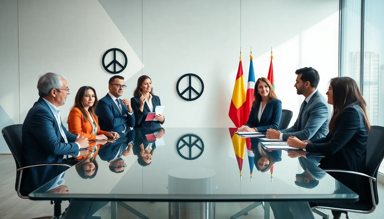 diverse professionals discussing political symbols in a modern office.