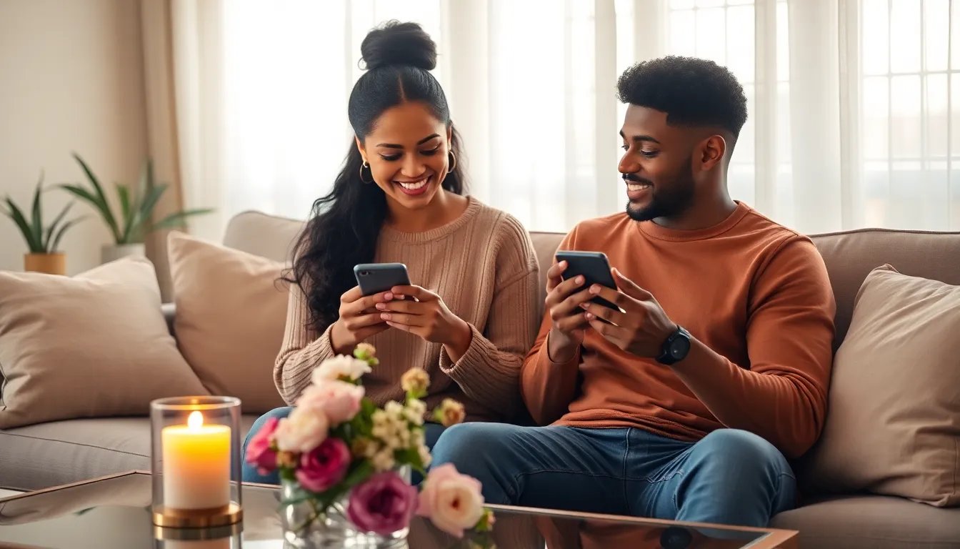 couple sharing love messages in a cozy, modern living room.