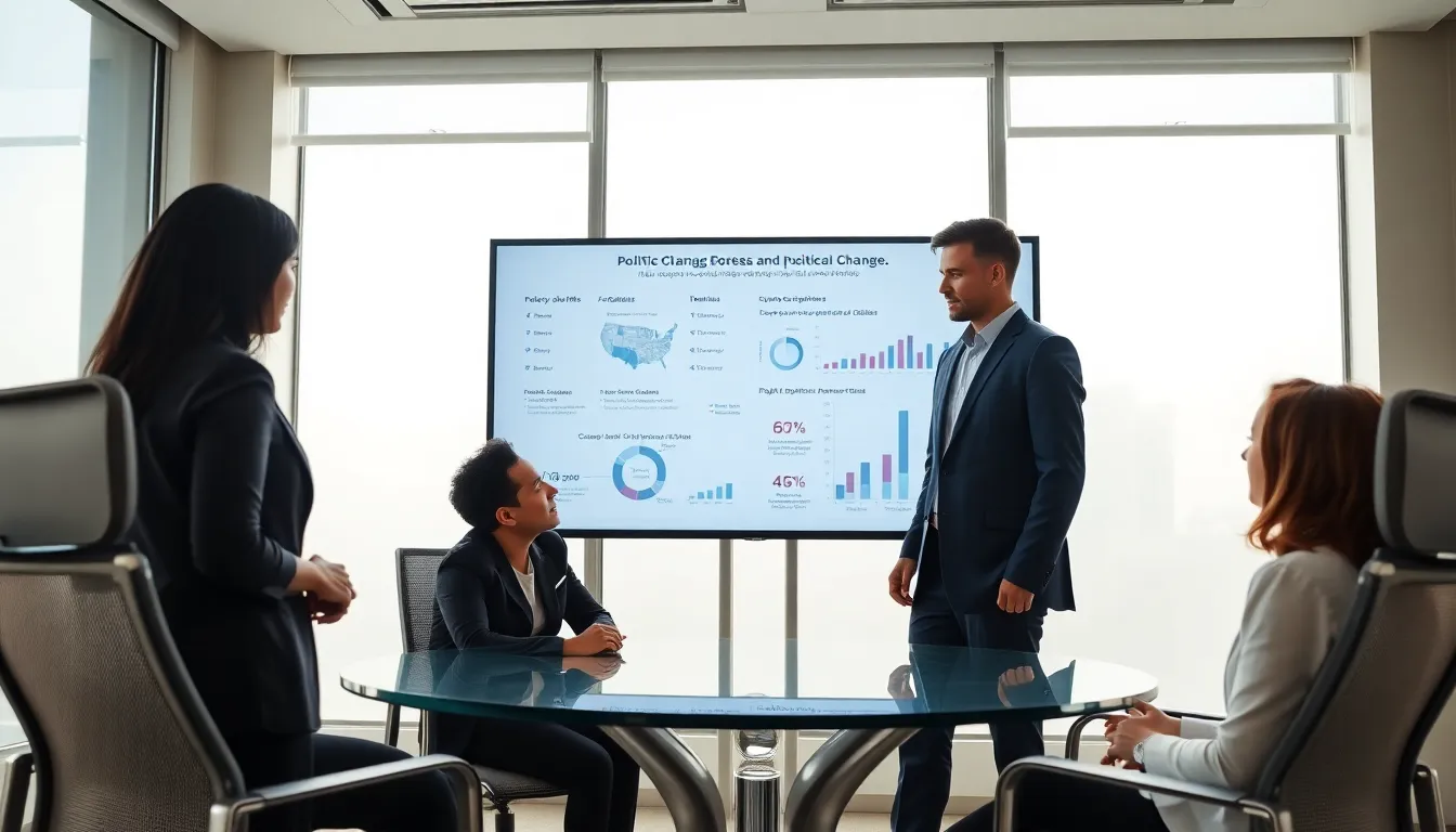 diverse professionals discussing political change in a modern office.